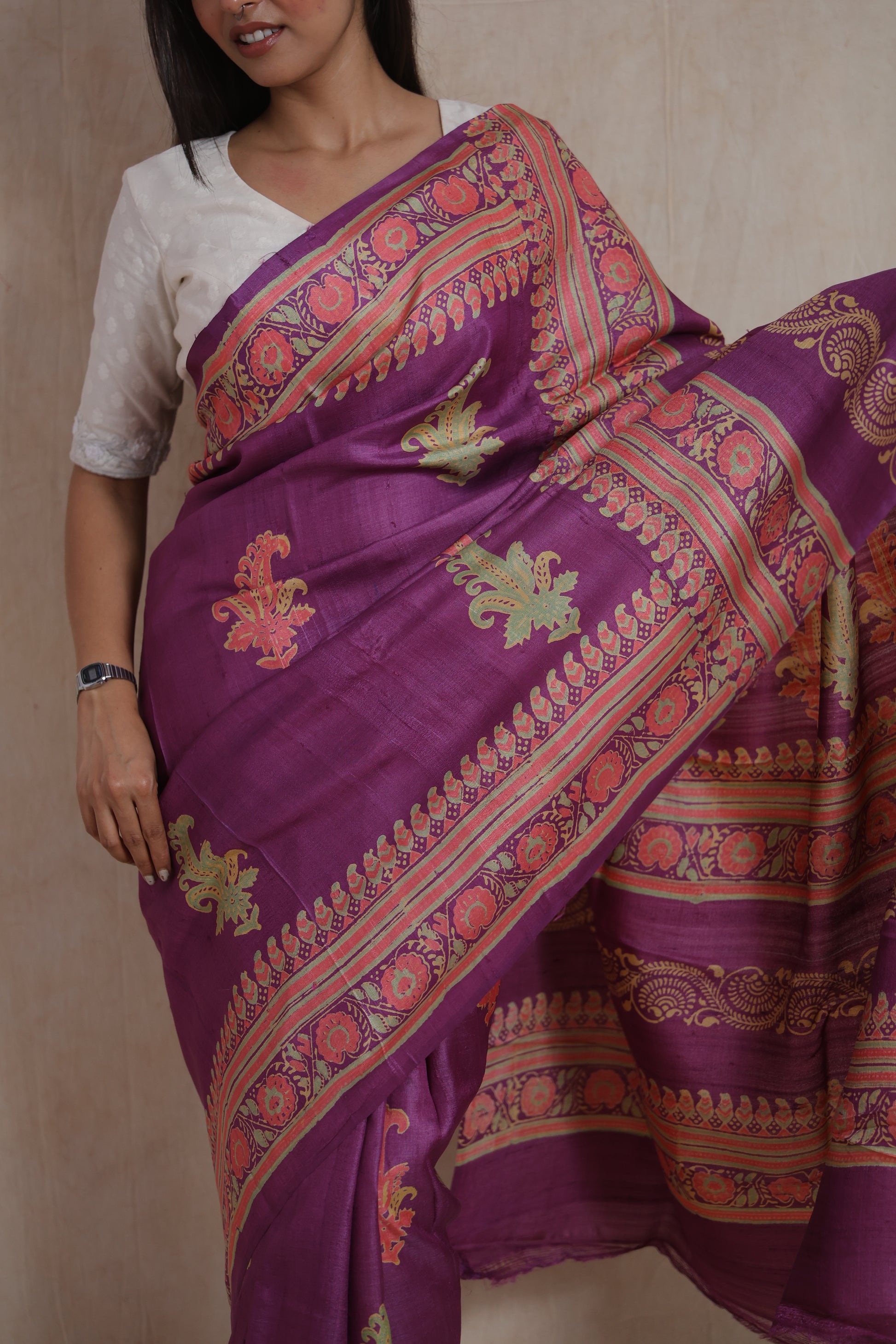Full pallu view of purple Tussar Batik print saree with traditional floral motifs