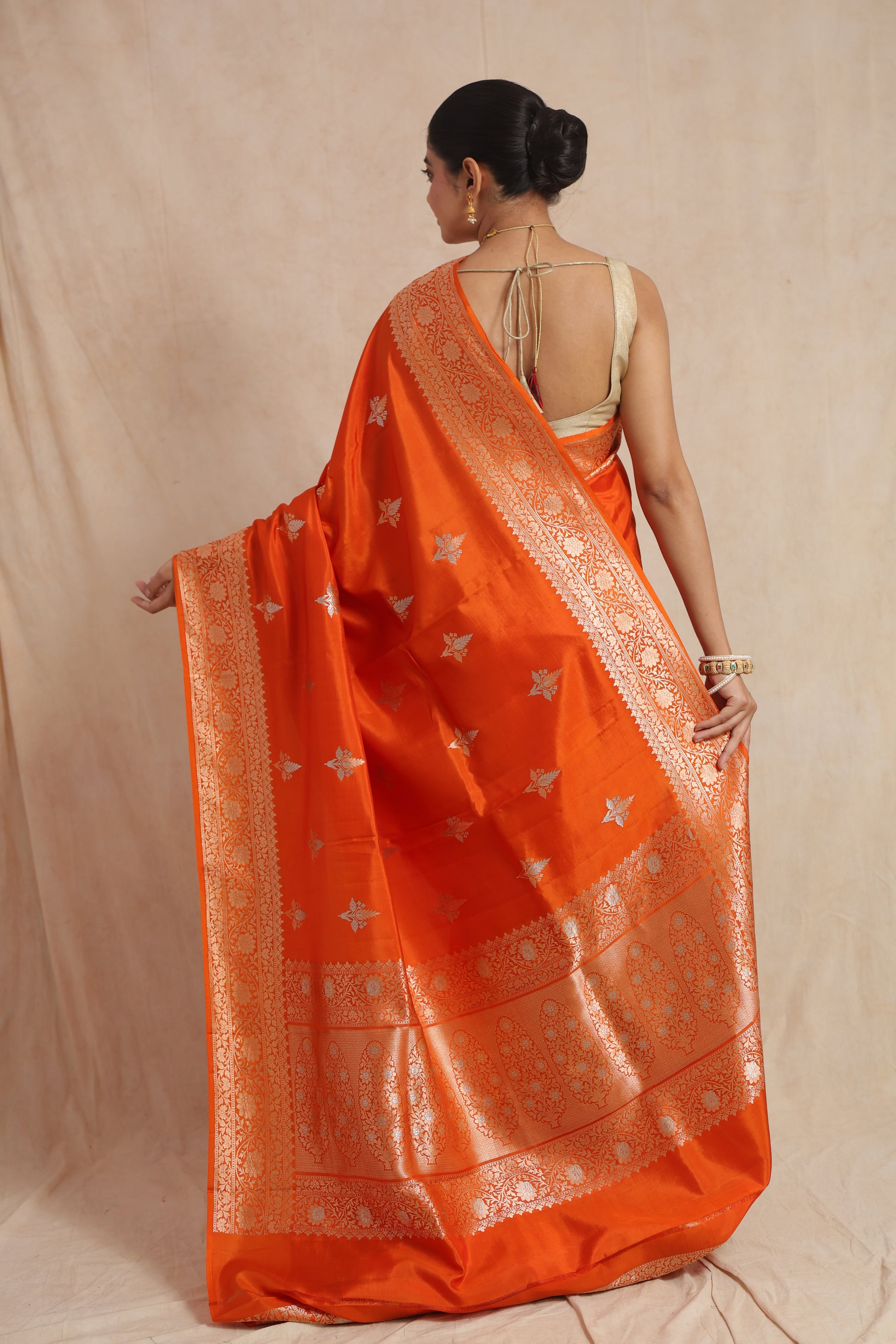 Back view of Banarasi silk saree showcasing detailed pallu and elegant woven craftsmanship