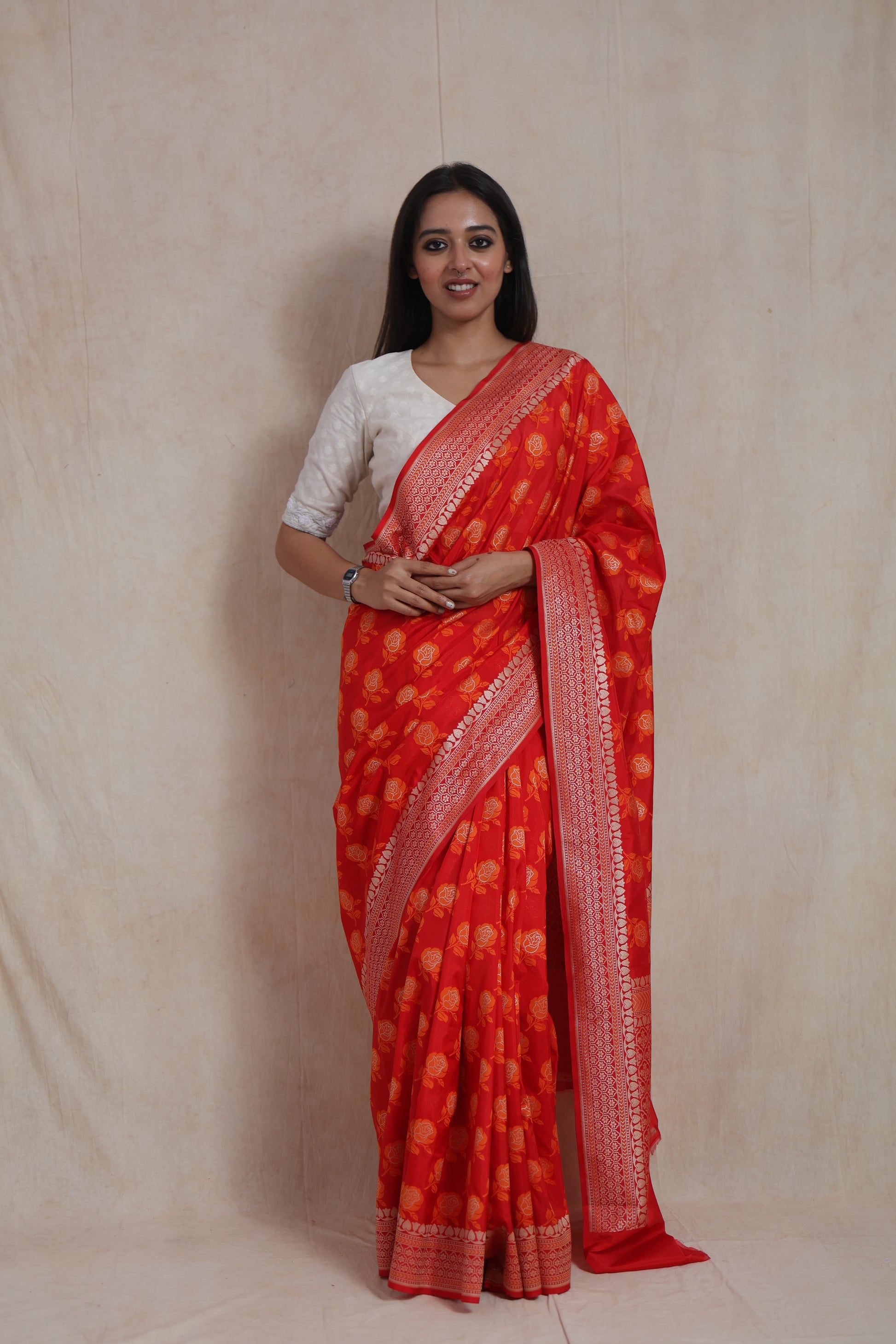 Full look of radiant red Banarasi art silk saree with traditional zari weaving