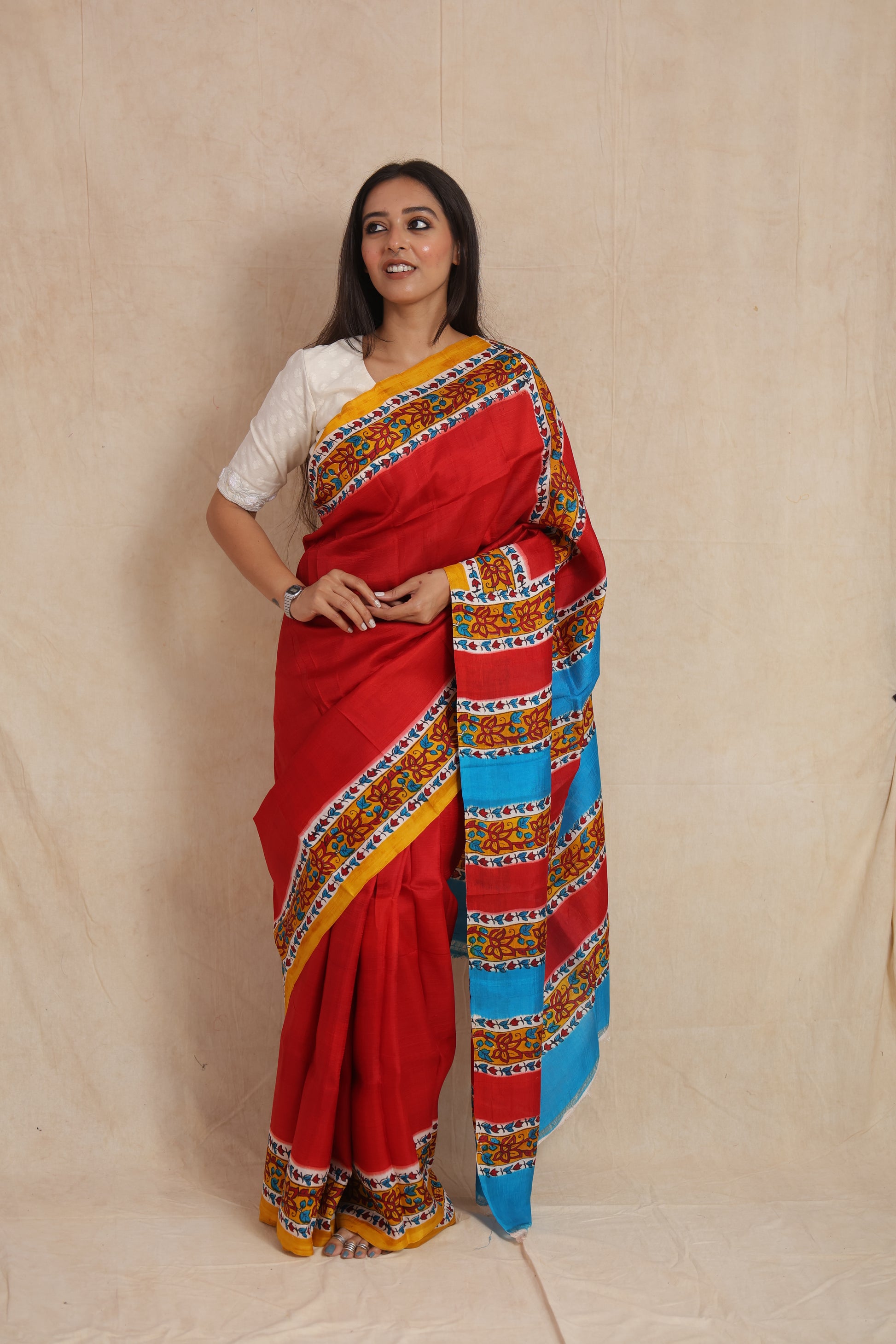 Full drape look of red Garad silk saree