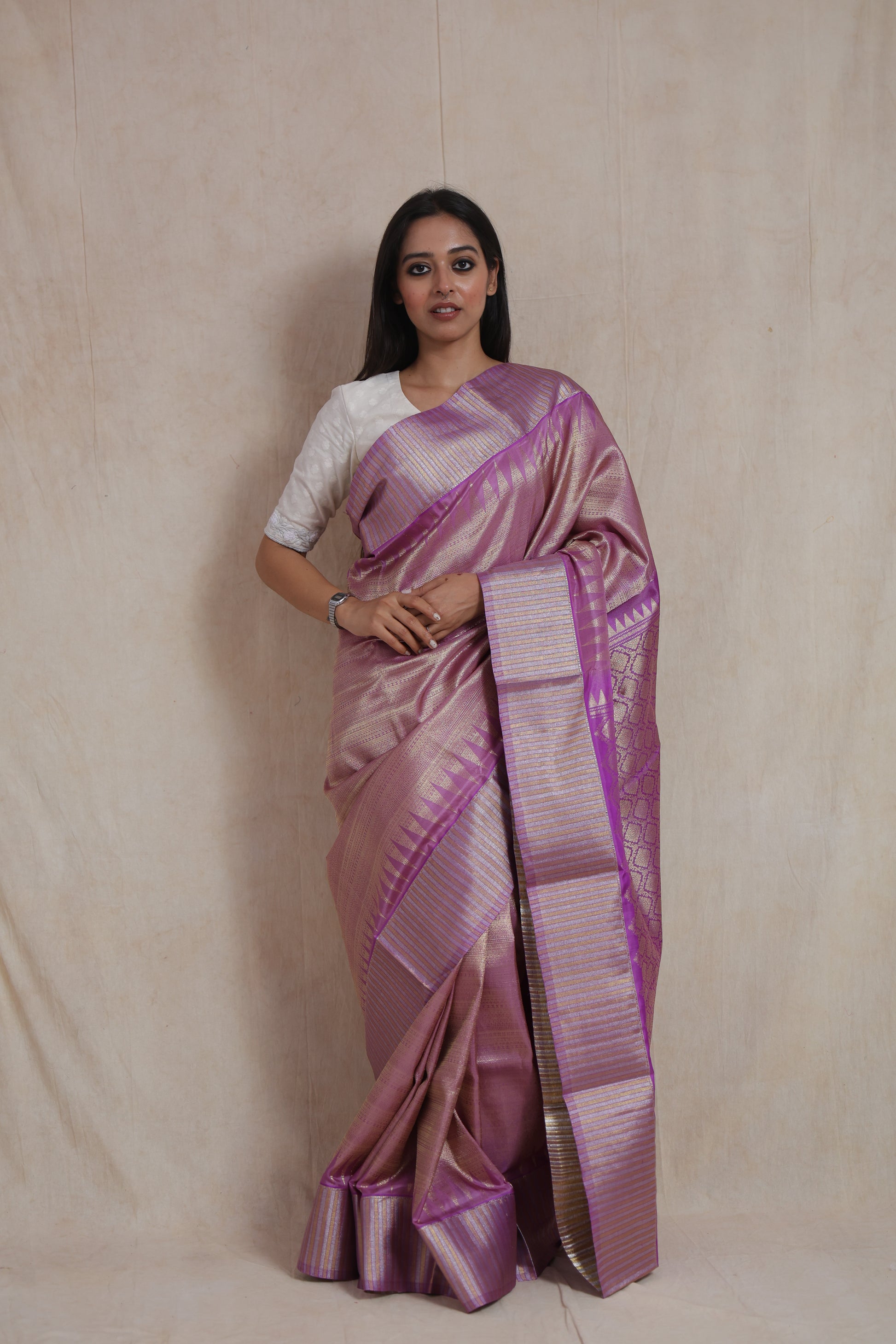 Detailed view of lavender Kanjivaram silk saree showcasing gold zari craftsmanship