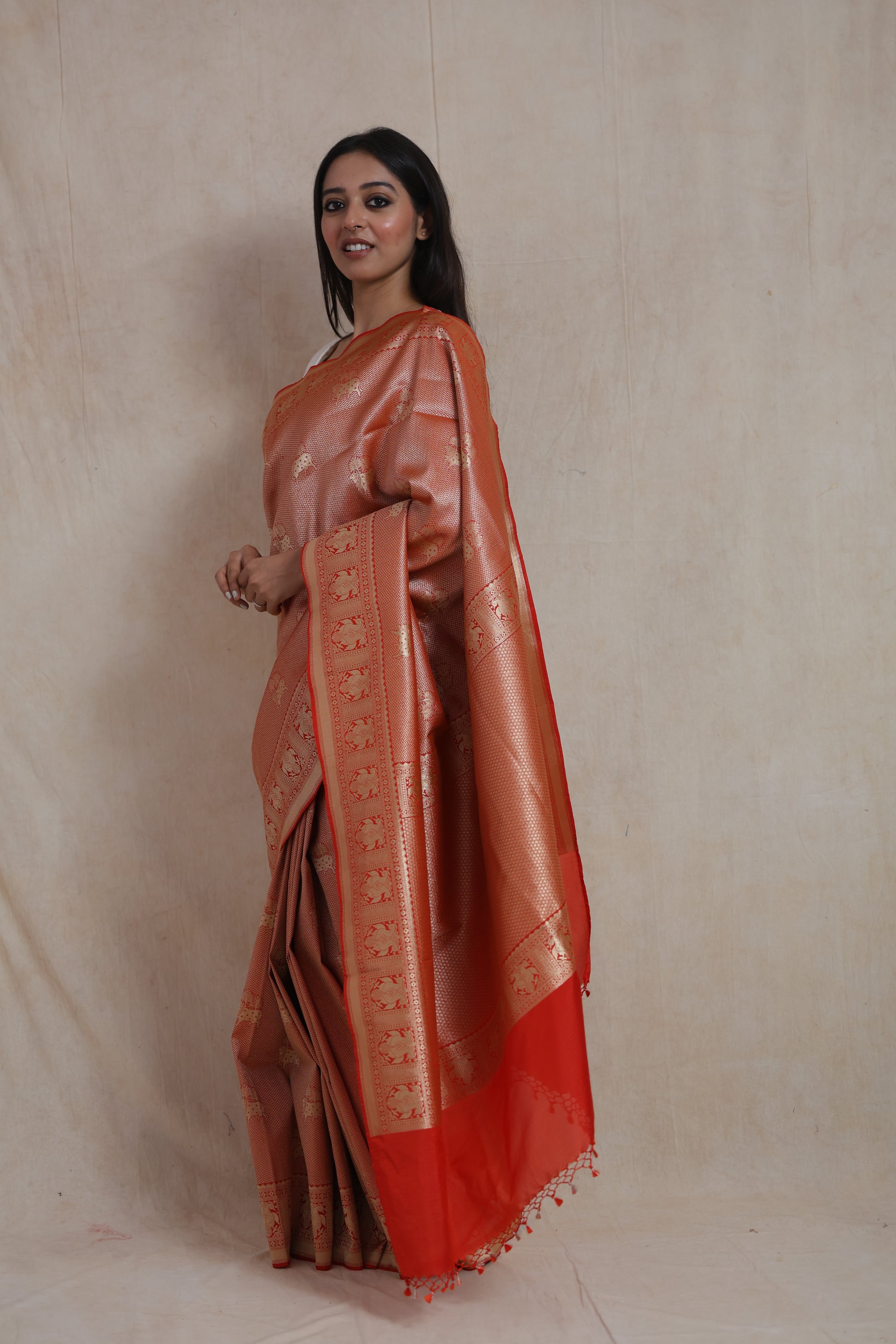 Side profile of Banarasi silk saree featuring intricate woven border and contrast pallu
