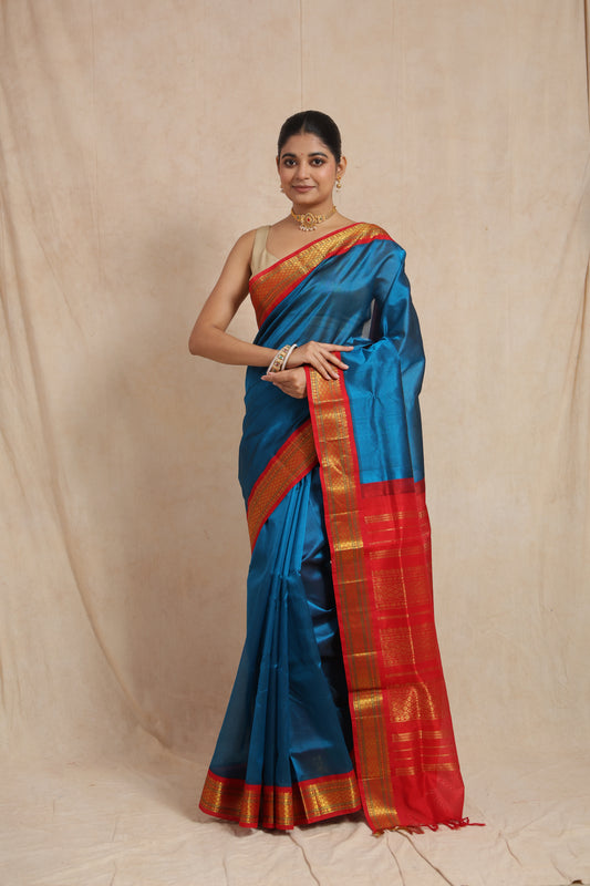 Elegant front drape of royal blue Kanchipuram Sico saree with contrast border