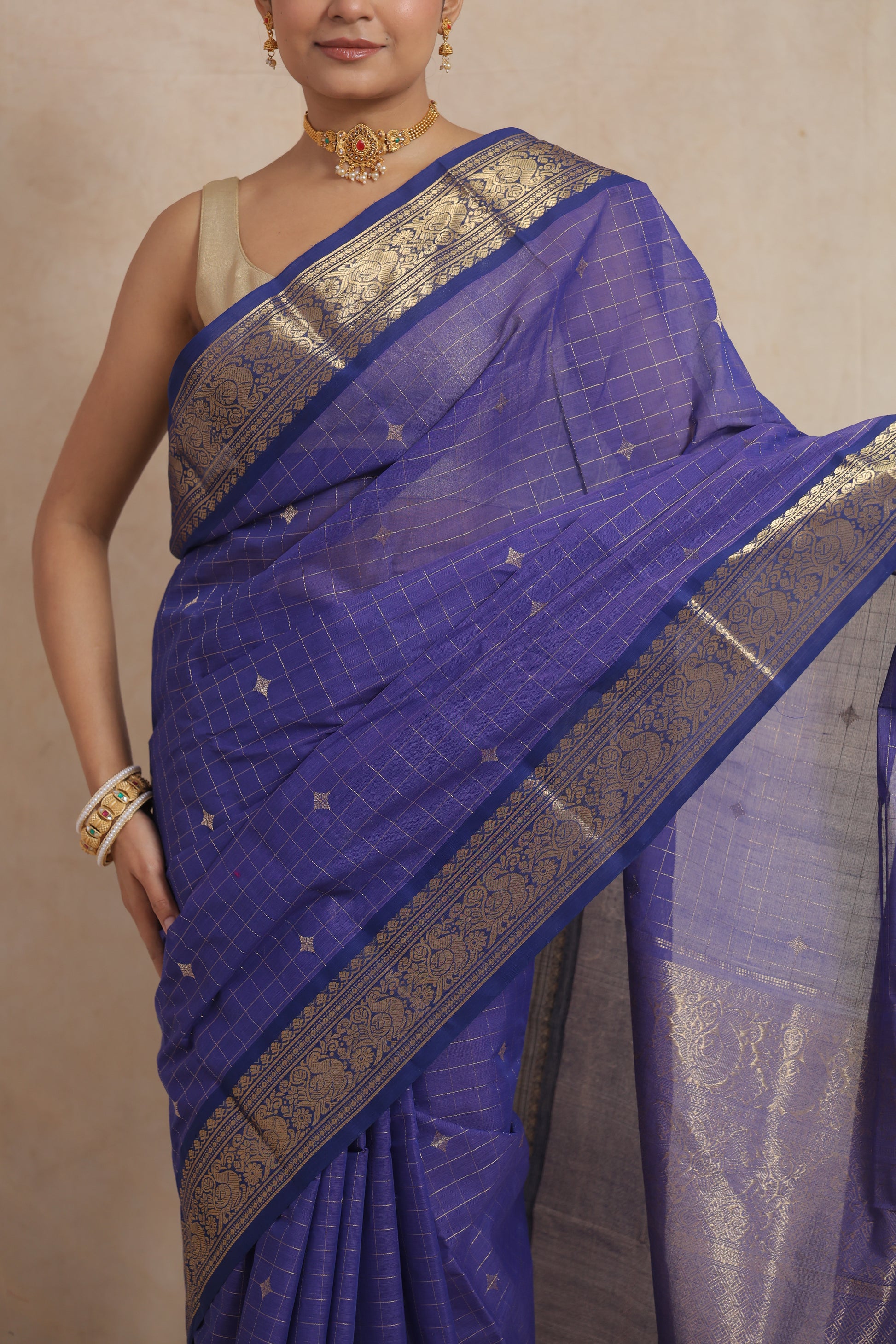Border and woven motif close-up of royal blue Kanchipuram cotton saree