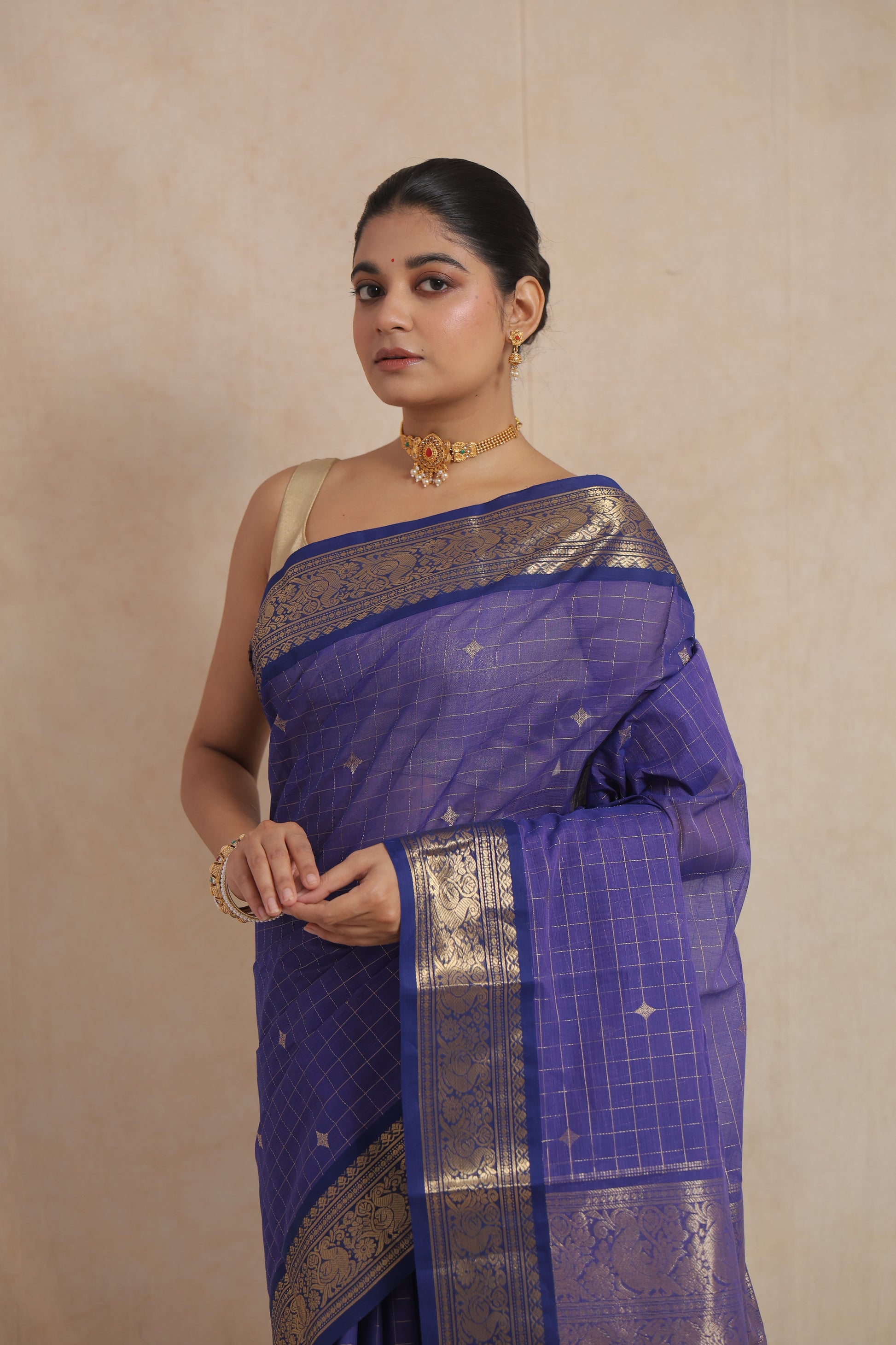 Close-up of royal blue Kanchipuram cotton saree with woven checks