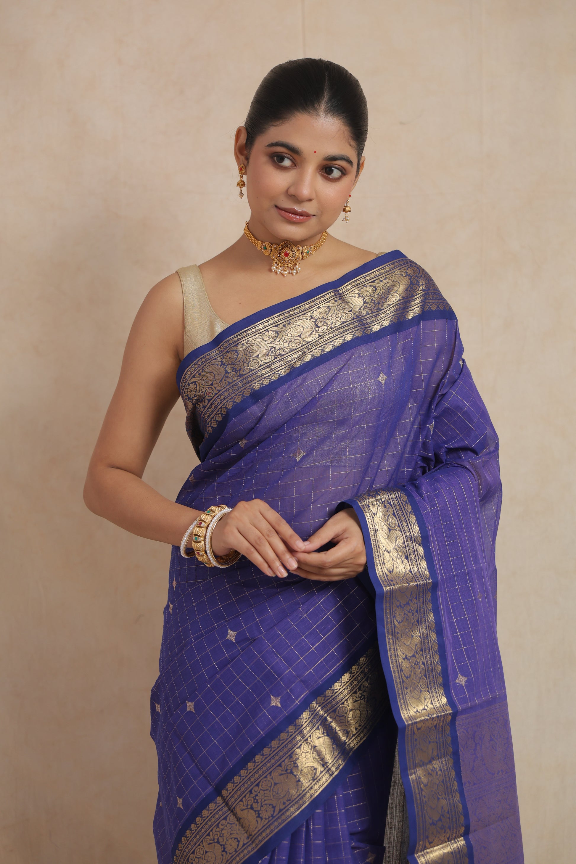 Portrait view of royal blue Kanchipuram cotton saree with elegant border