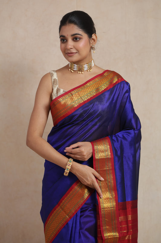 Portrait shot of model wearing royal blue Kanchipuram Sico saree with contrast border