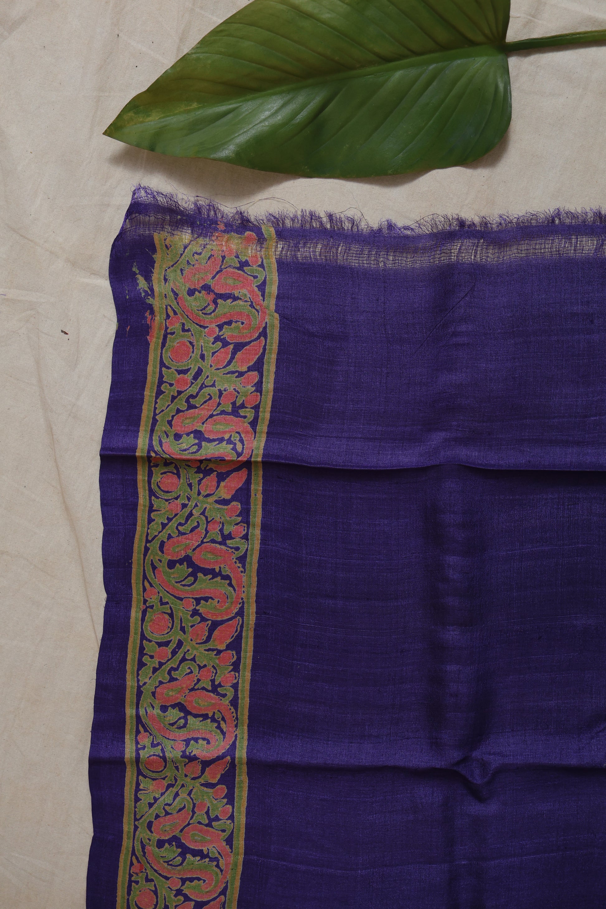 Close-up detail of royal indigo Tussar print saree border with paisley motifs