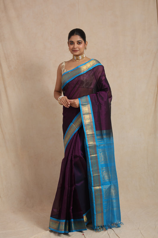 Full drape view of royal purple Kanchipuram Sico saree with contrast blue border