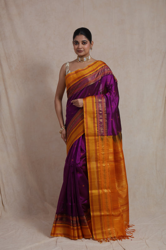 Front view of royal purple Kanchipuram Sico saree with rich woven pallu