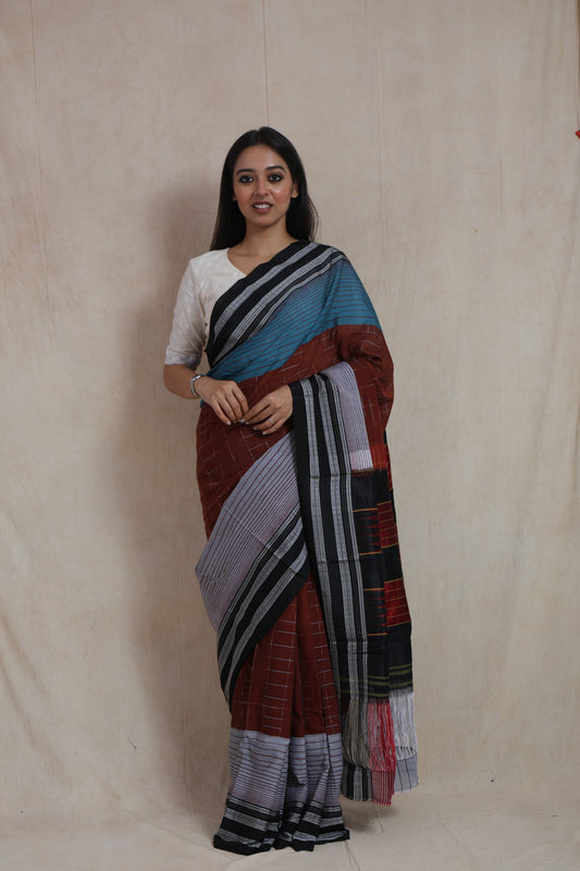 Rust brown and teal Ilak cotton saree with striped woven pallu and black border