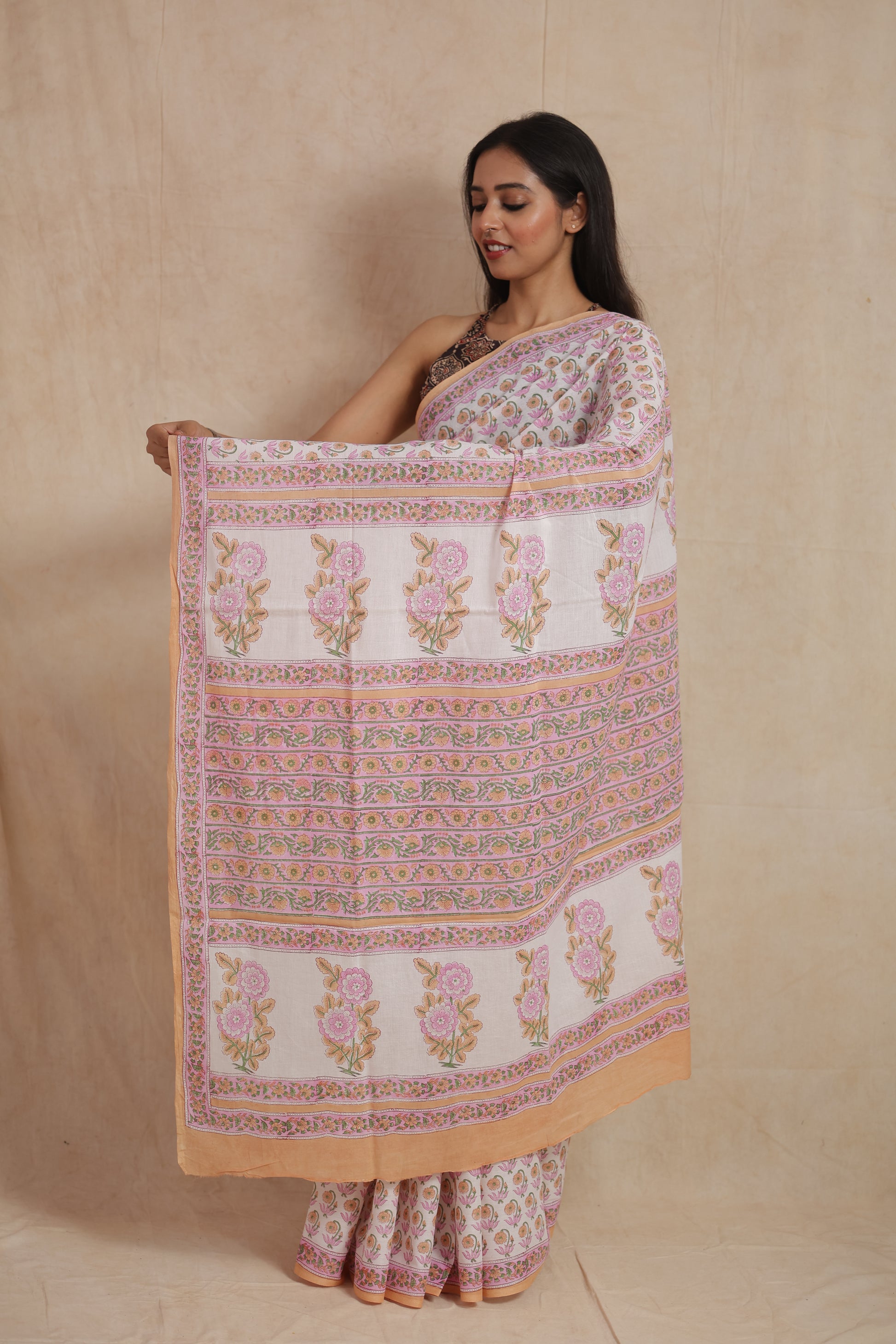 Pastel pink Sanganeri cotton saree with floral printed pallu