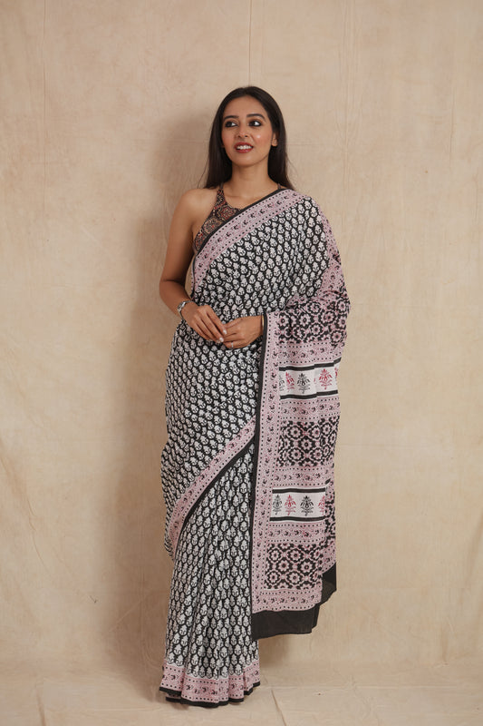 Detailed floral printed pallu of Sanganeri cotton saree
