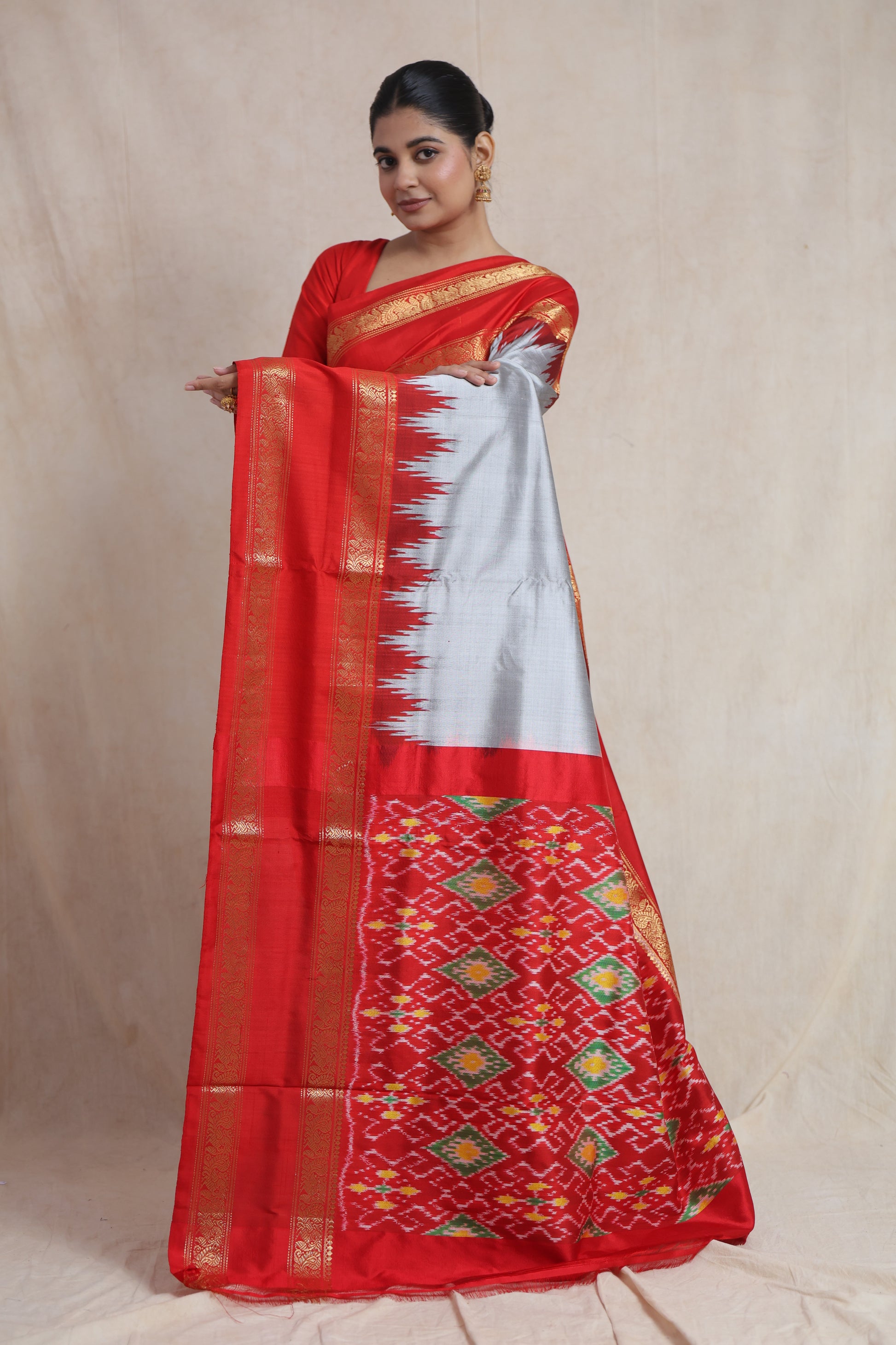 Detailed pallu design of silver grey Panchampali silk saree with traditional motifs