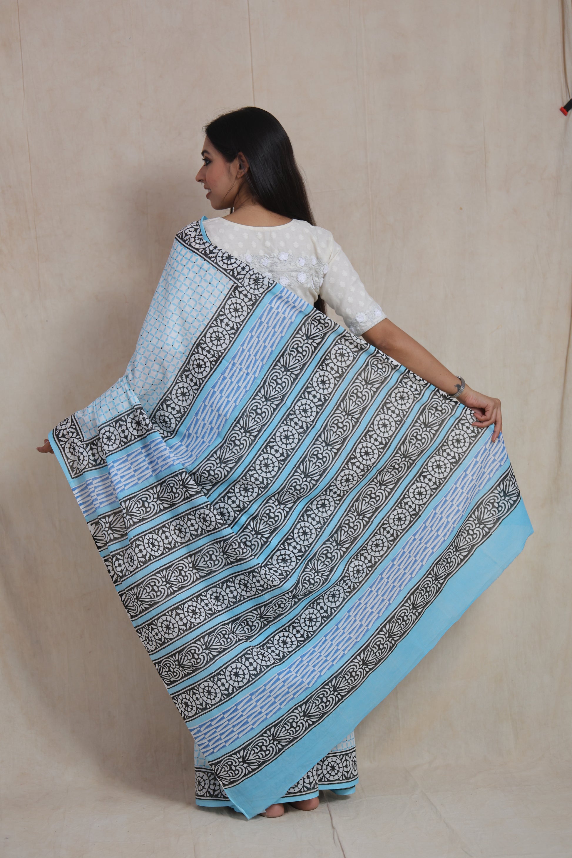 Back view of sky blue Sanghnaree cotton saree with printed pallu