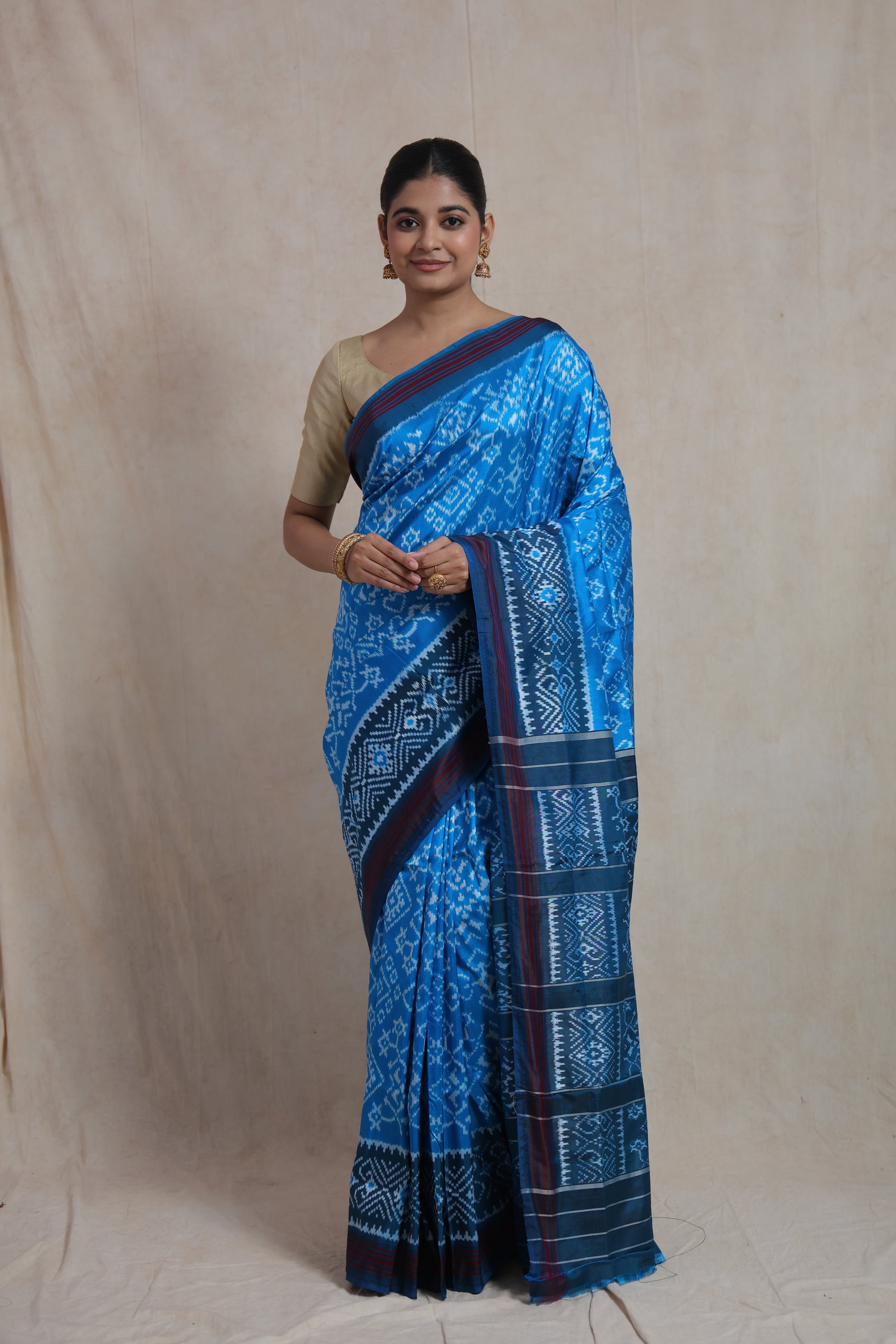 Full front view of elegant sky blue Panchampali silk saree