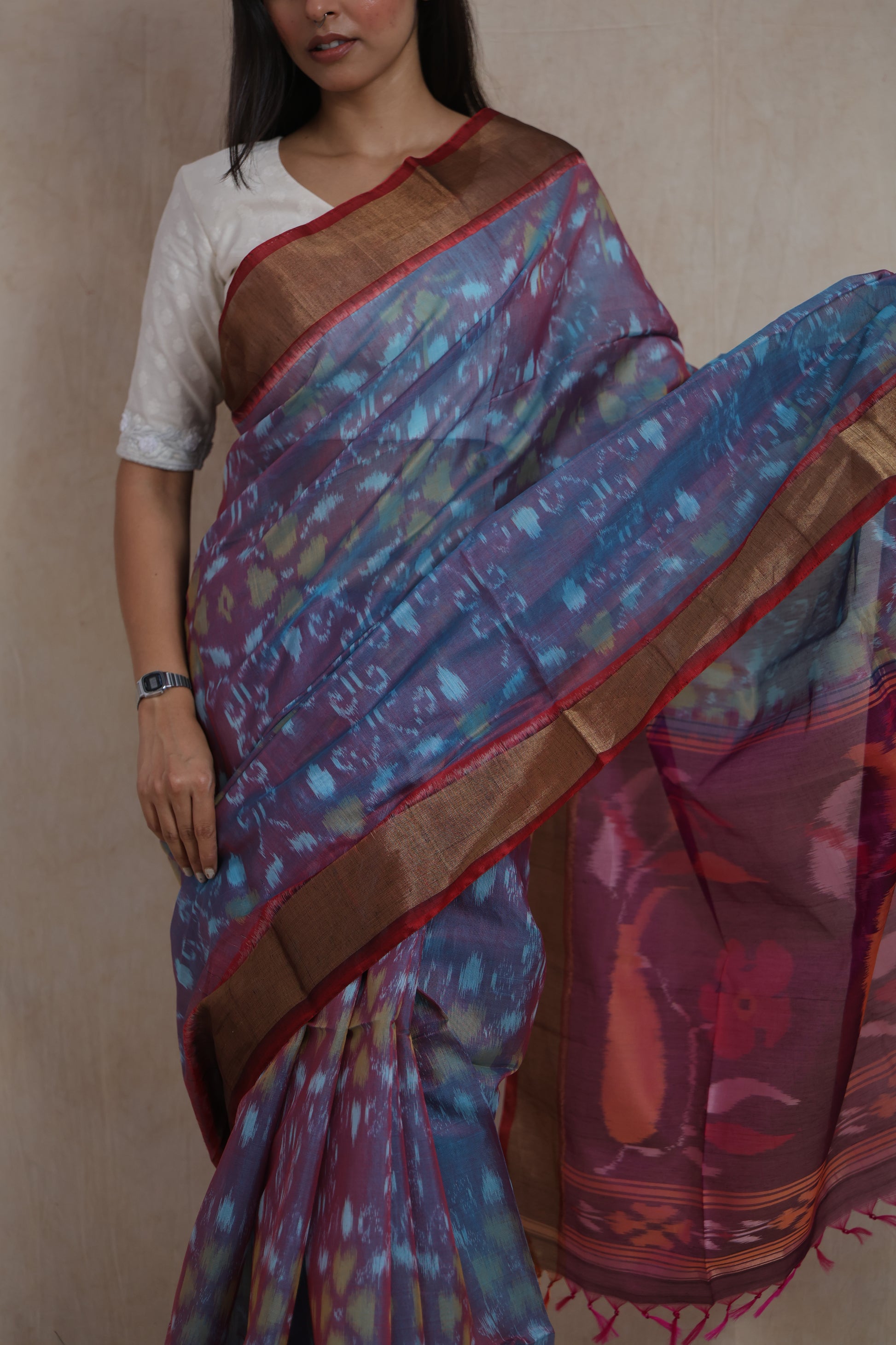 Detailed drape view of sky blue Panchampali SICO saree with traditional ikat-inspired weaving