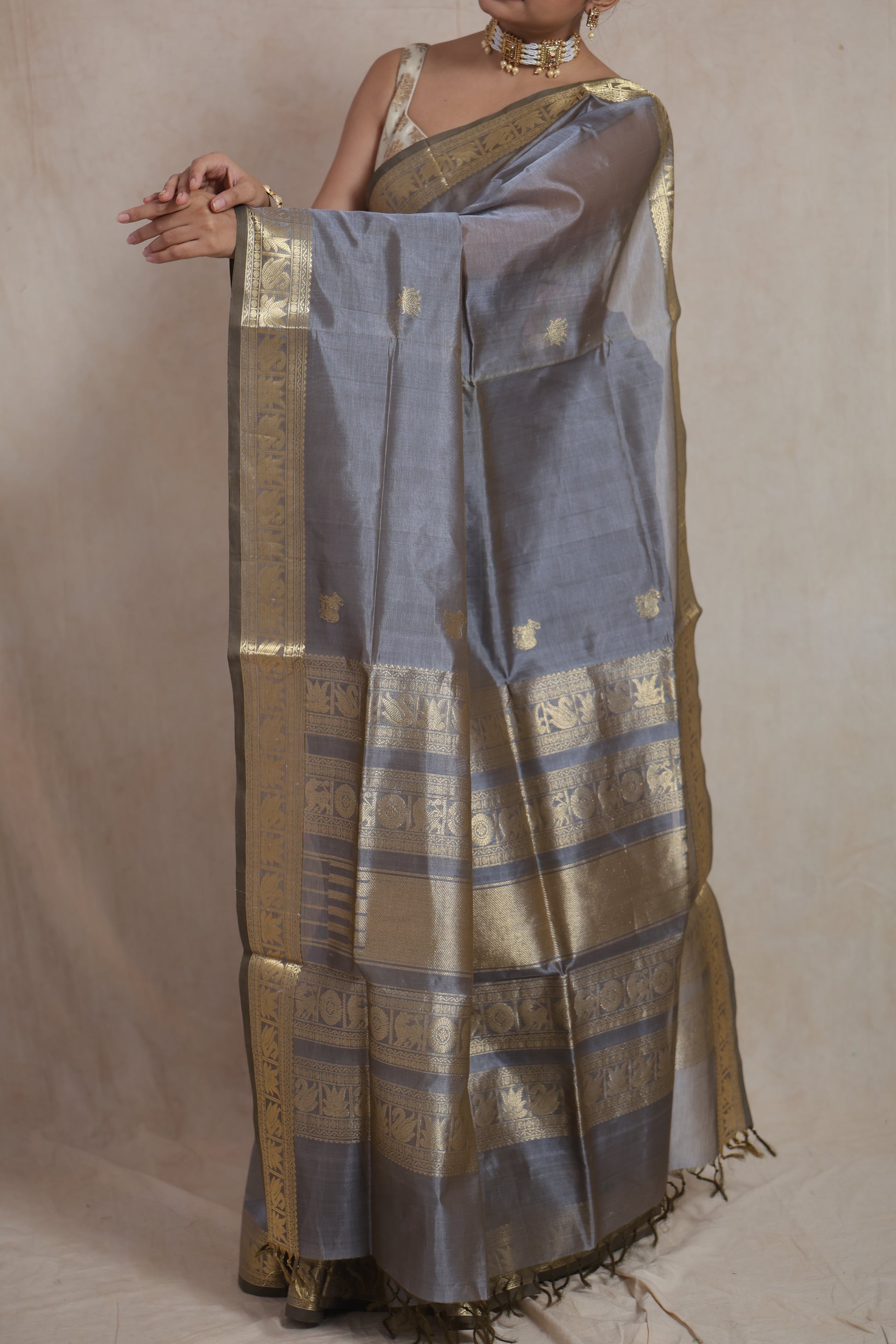 Steel Grey Kanchipuram Sico Saree with Antique Gold Zari