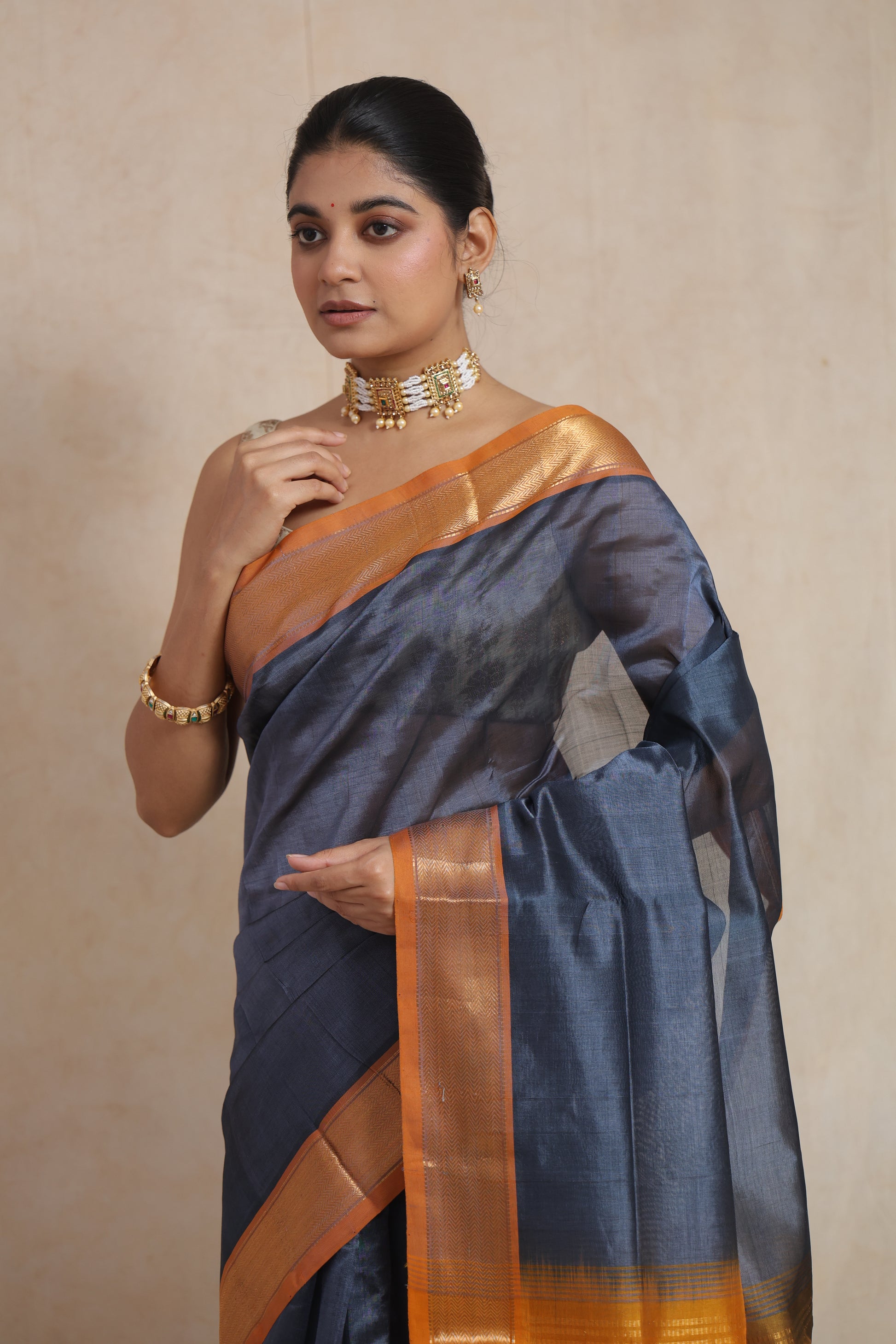 Portrait view of elegant steel grey Kanchipuram Sico saree with zari border