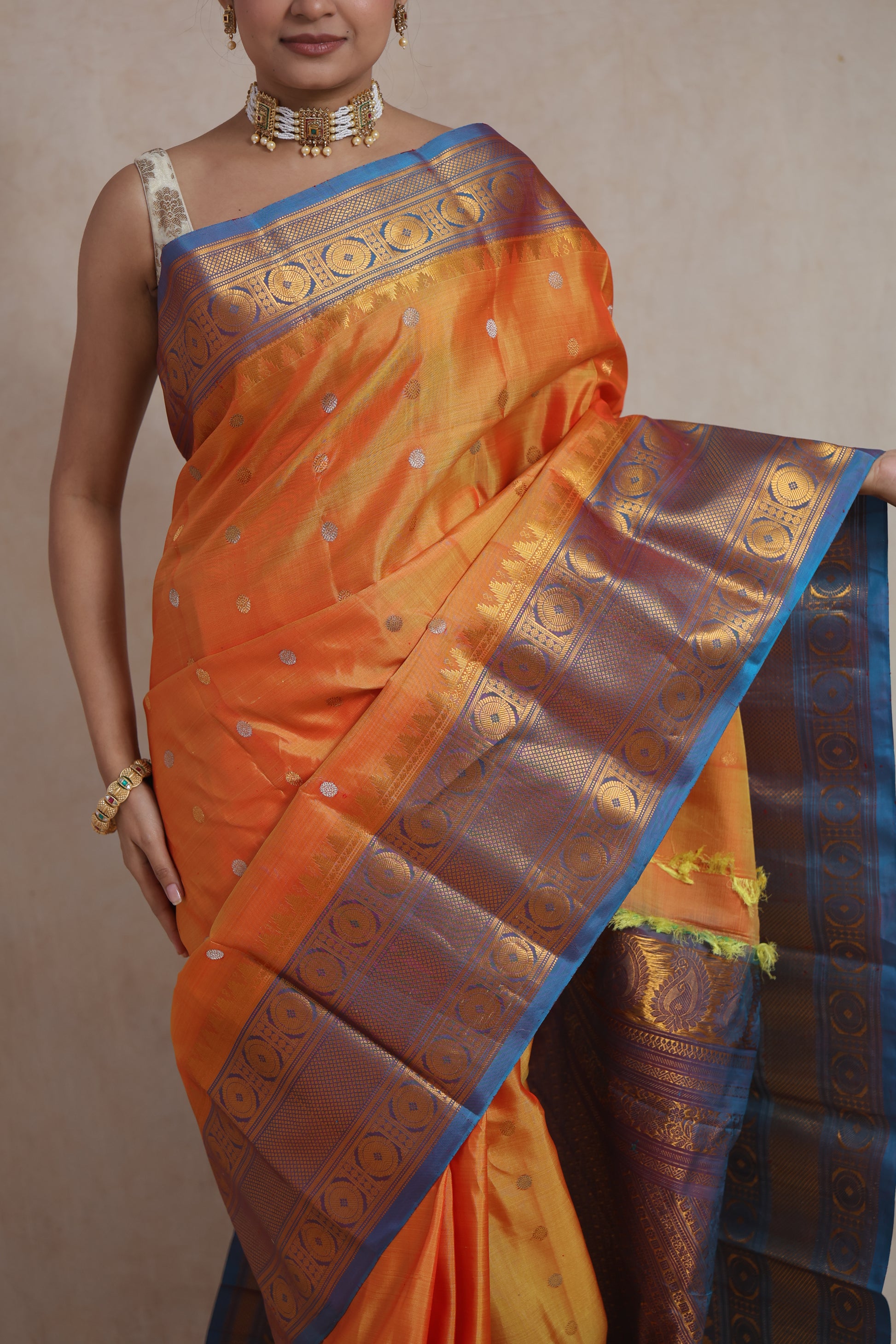 Flatlay view of royal blue zari woven pallu of Gadwal silk saree