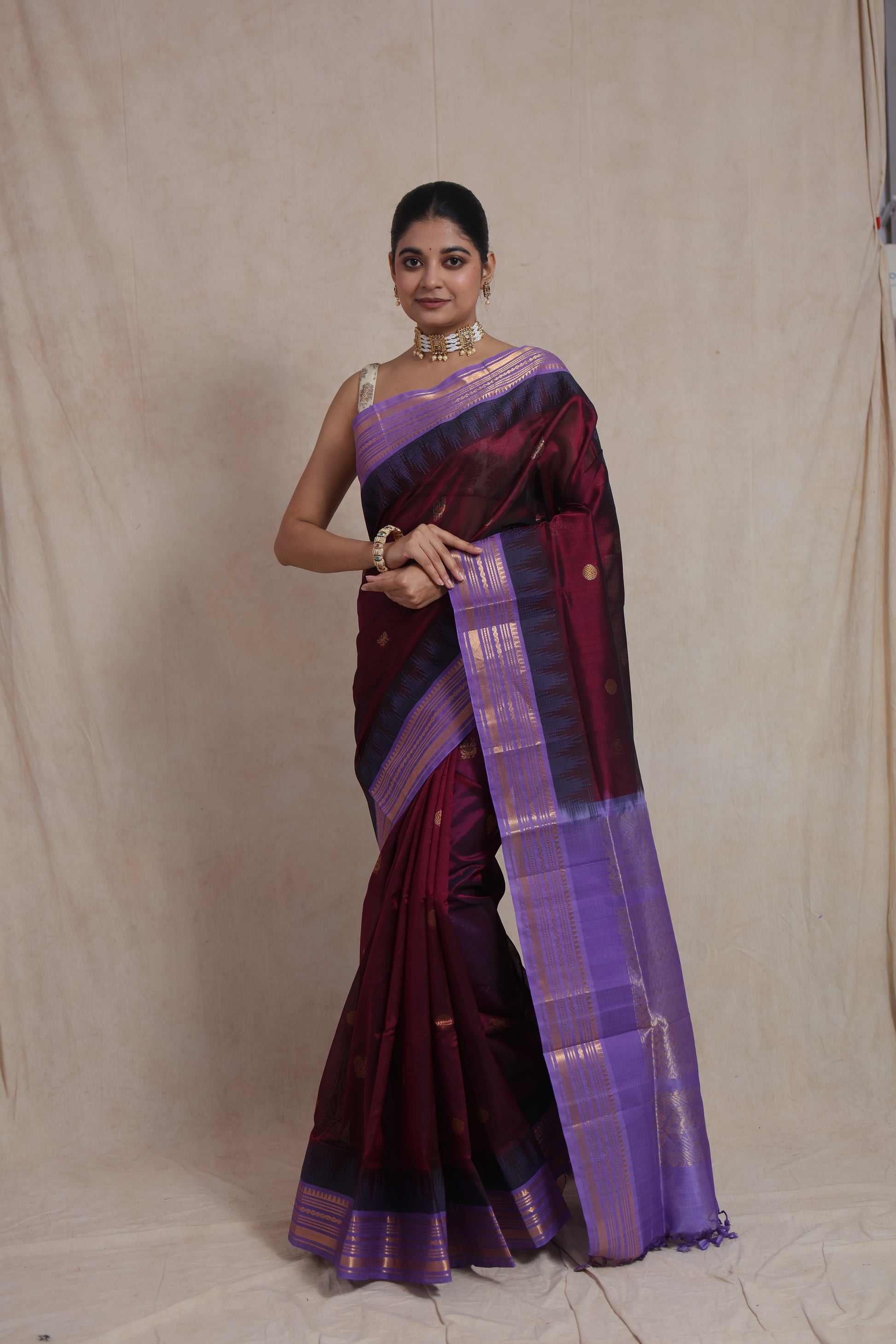Traditional wine and lavender Kanjipuram silk cotton saree styling