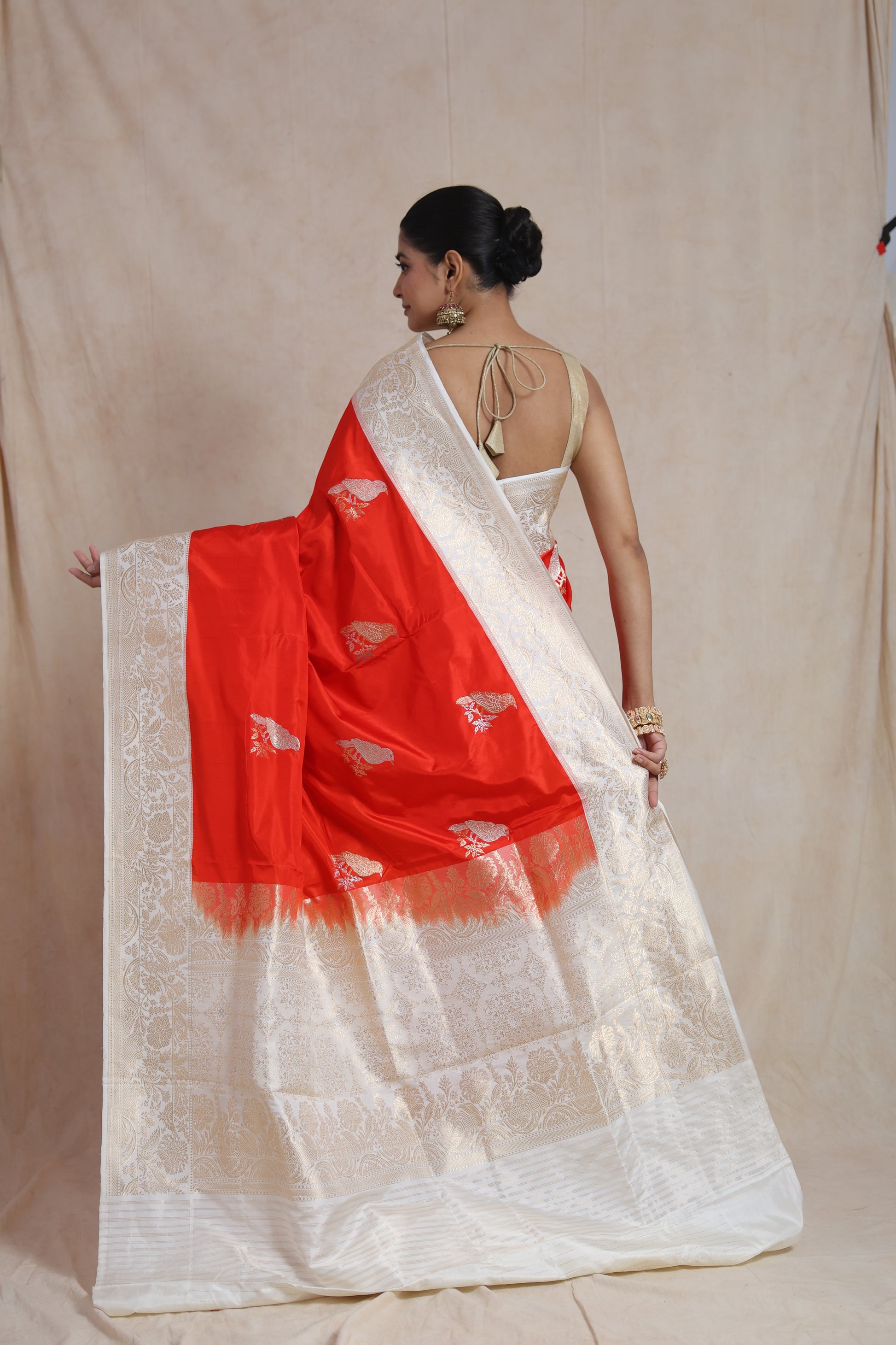 Back view of Banarsee silk saree showcasing luxurious zari pallu