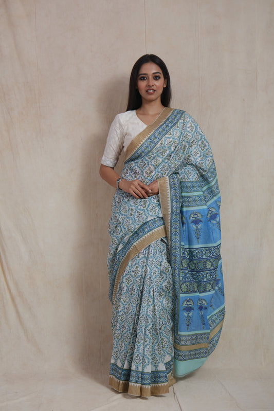 Front view of white and blue Sanghnaree SICO saree with floral print and artistic pallu