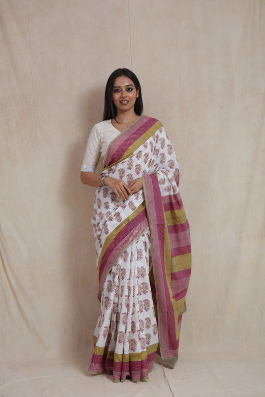 Full look of white Sanghnaree cotton saree with floral motifs and striped pallu