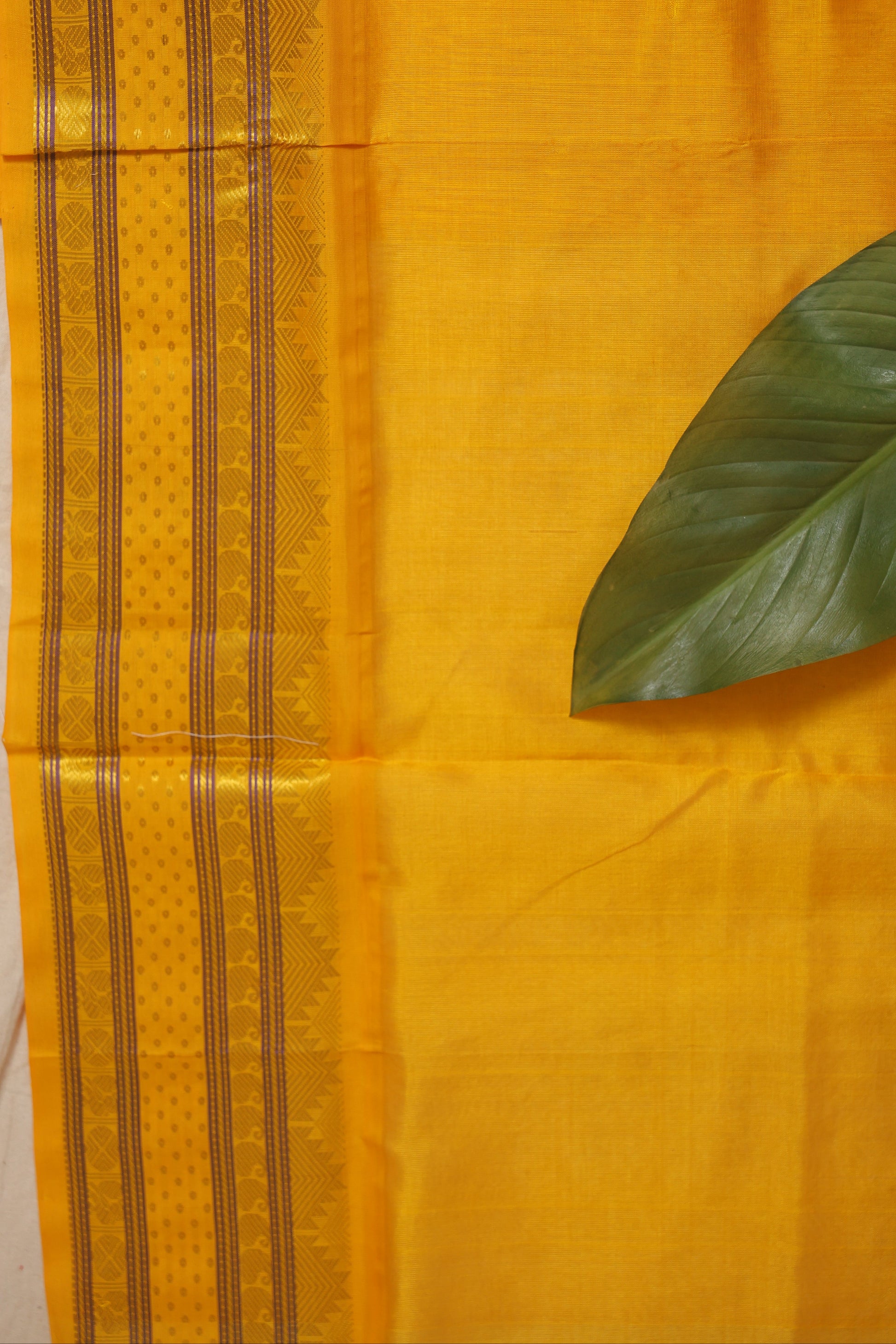 Detailed view of the golden yellow woven border featuring classic Kanchipuram craftsmanship