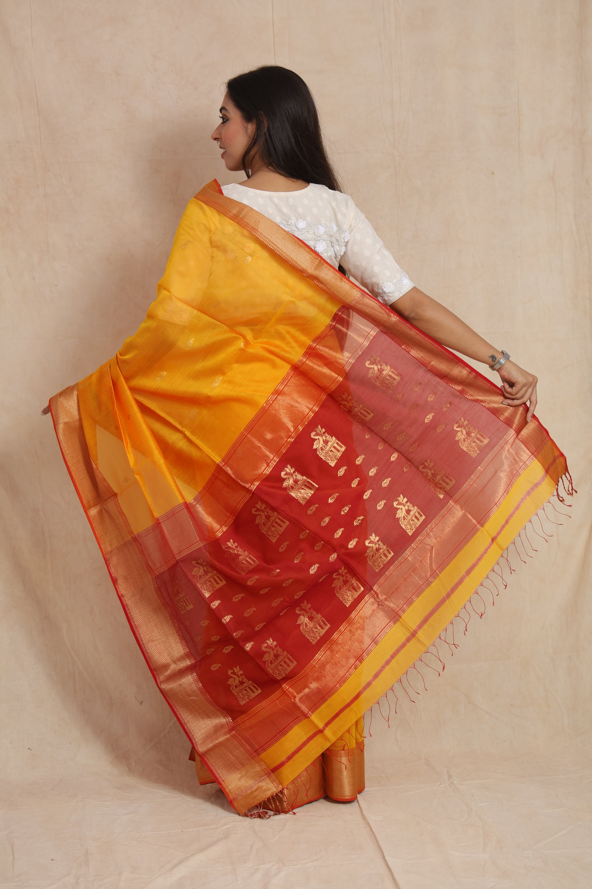 Back view of Maheshwari SICO saree showcasing red zari pallu