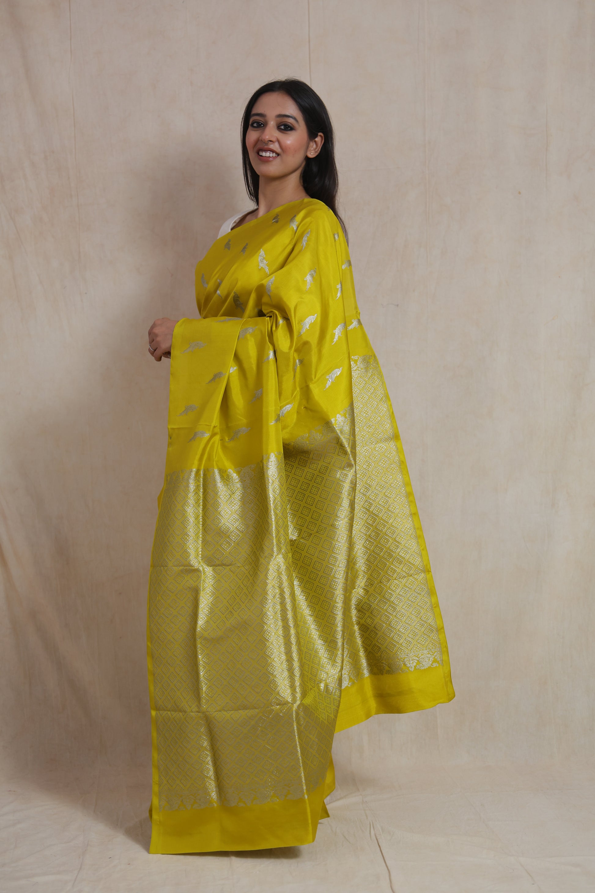 Side profile showcasing woven pallu of yellow Venkatgiri saree