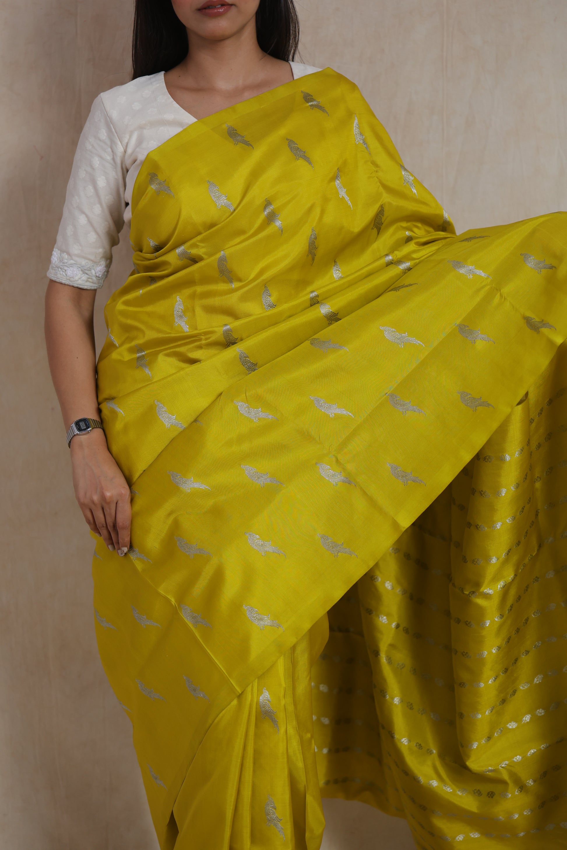 Sunshine yellow Venkatgiri saree with silver woven bird motifs