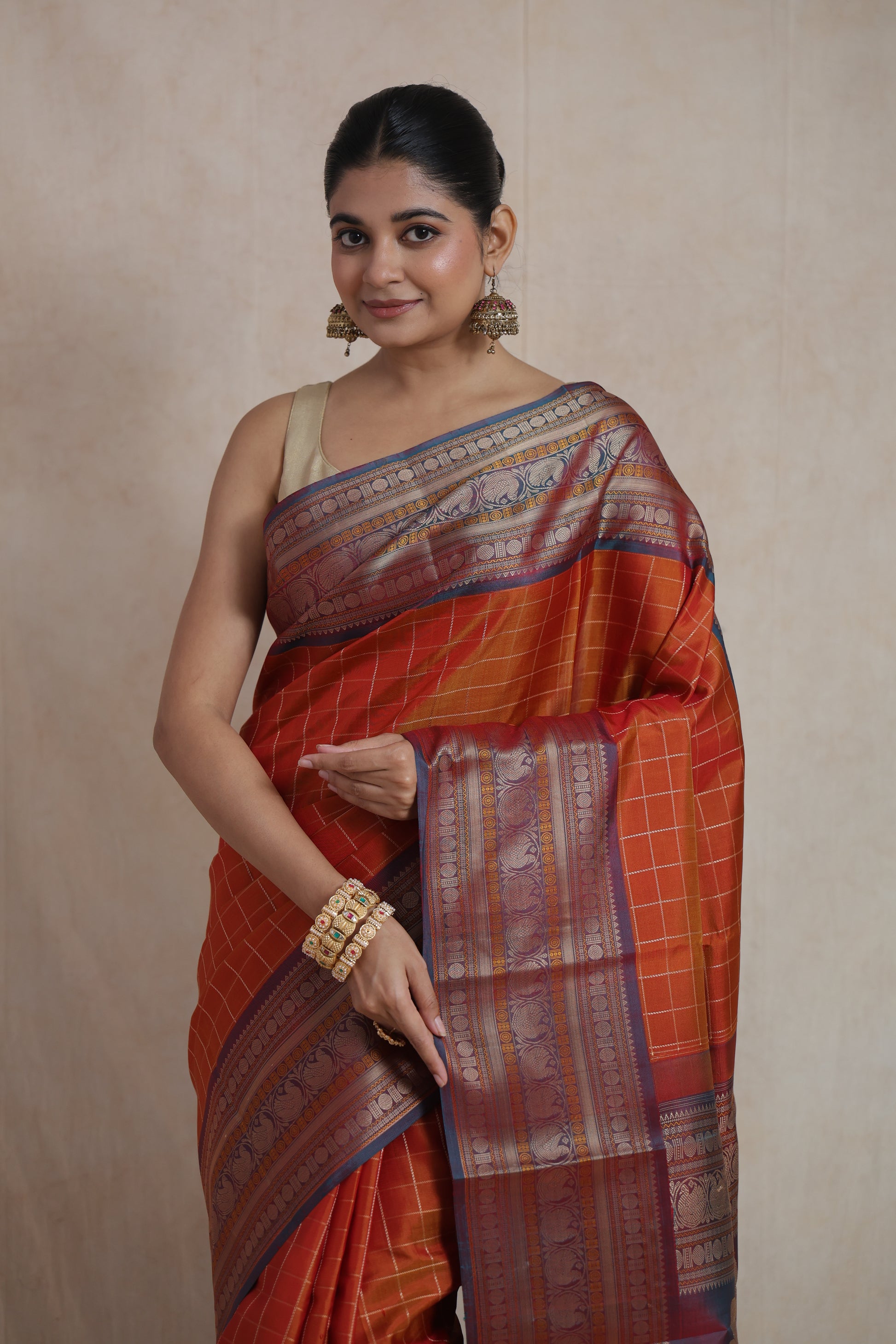 Close-up of zari check woven Kanjivaram silk saree body