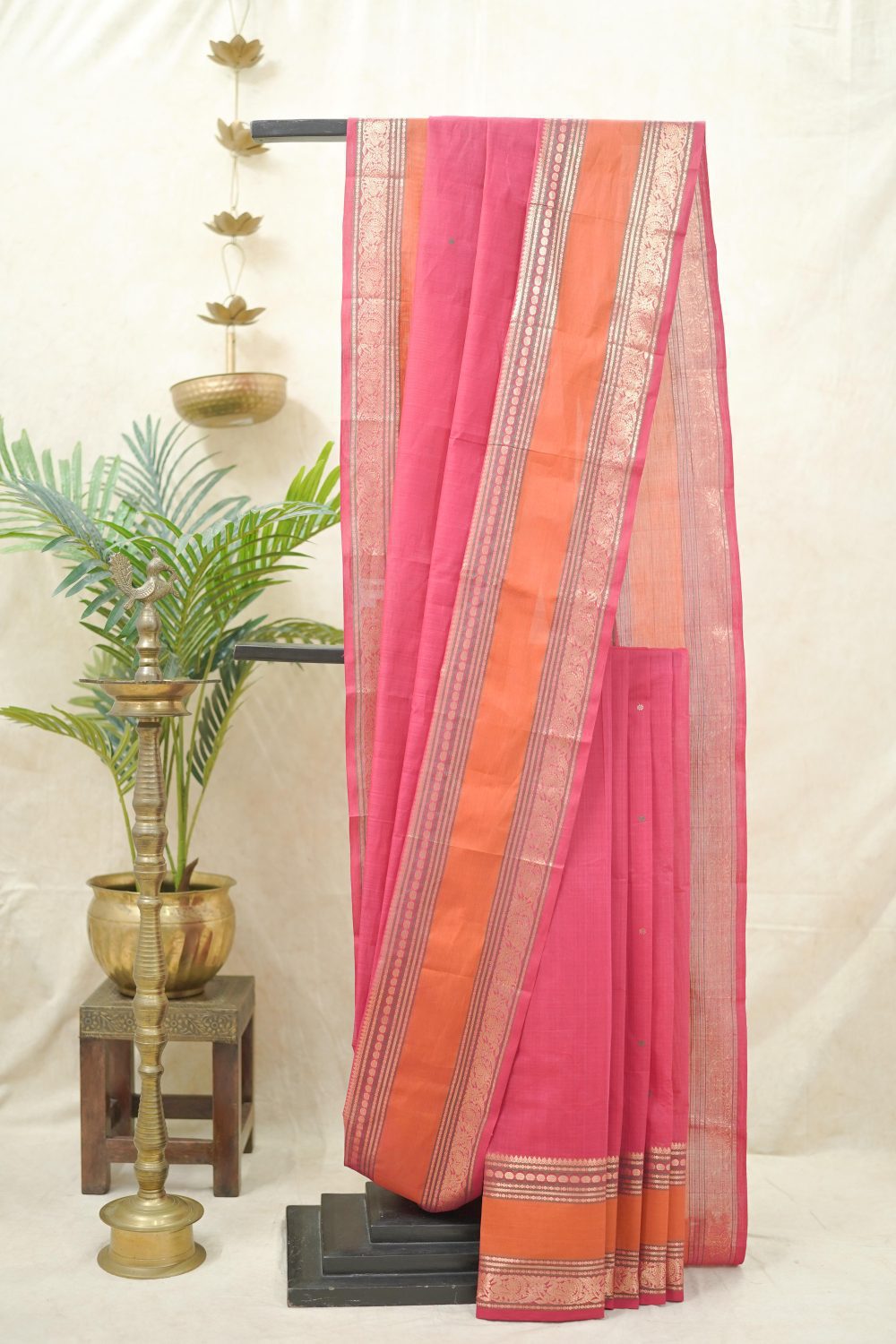 HANDWOVEN PINK COLOUR KANCHI COTTON SAREE WITH 1 M BLOUSE PIECE