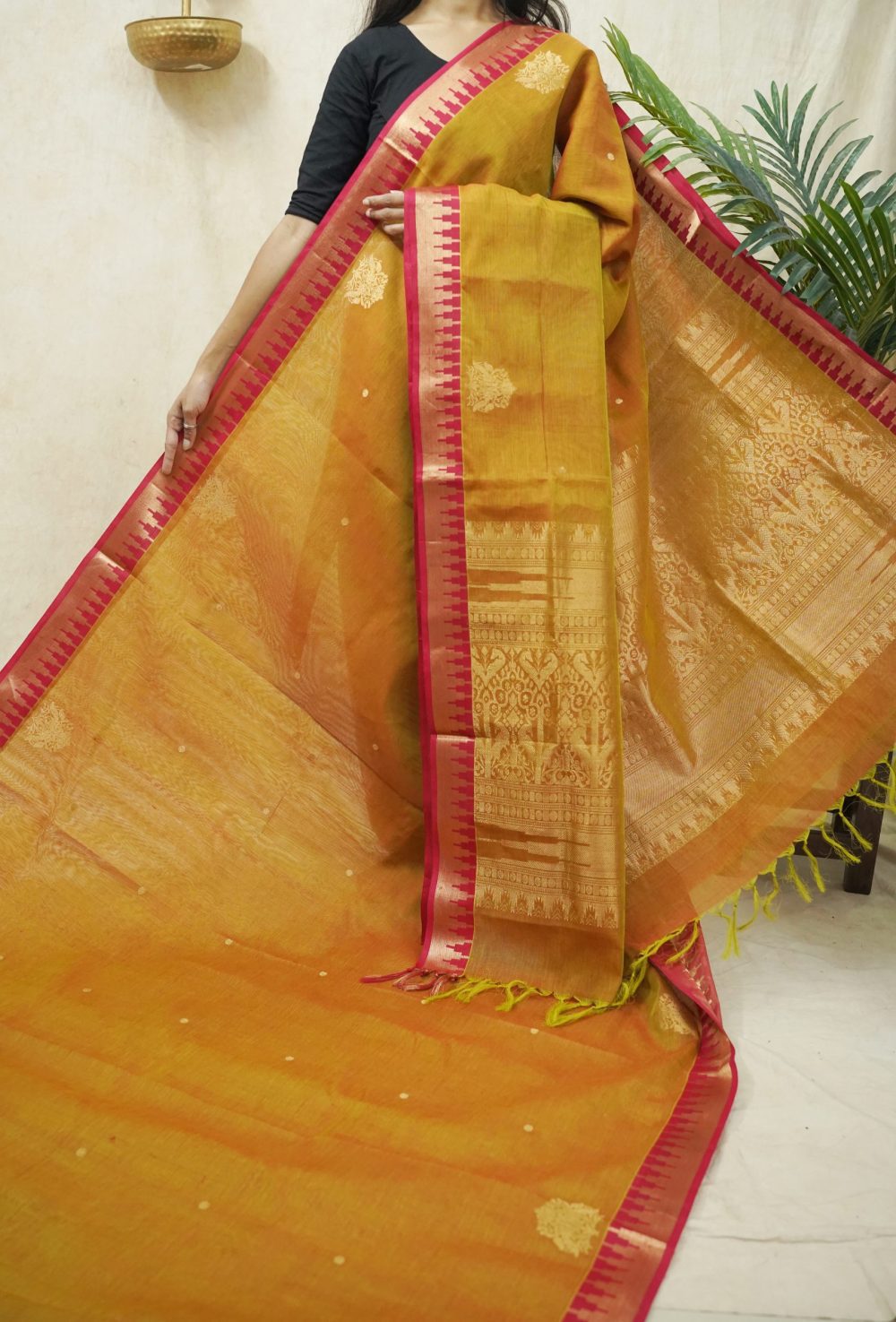 HANDWOVEN PINK-LIGHT GREEN DUAL TONE KANCHIPURAM SILK BY COTTON SAREE WITH 84 CM BLOUSE PIECE