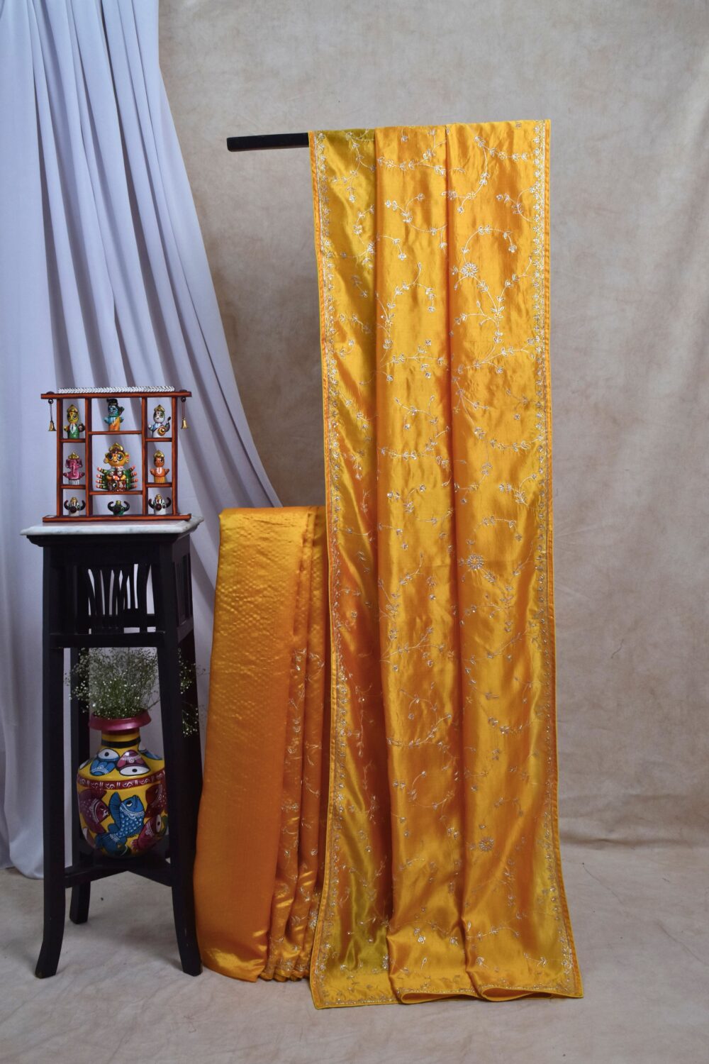 HAND ZARDOSI YELLOW COLOUR TUSSAR SILK SAREE WITH 90 CM BLOUSE PIECE