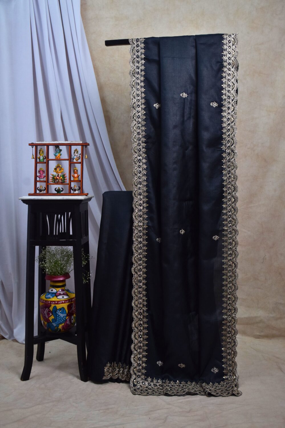 HAND ZARDOSI BLACK COLOUR TUSSAR SILK SAREE WITH 1 M BLOUSE PIECE