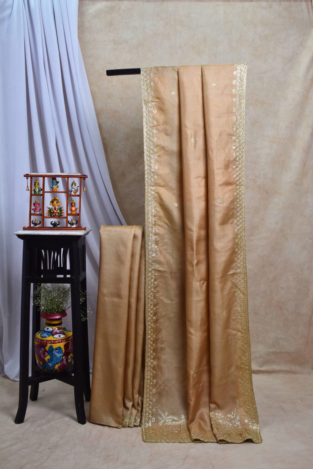 HAND ZARDOSI BEIGE COLOUR TUSSAR SILK SAREE WITH 1 M BLOUSE PIECE