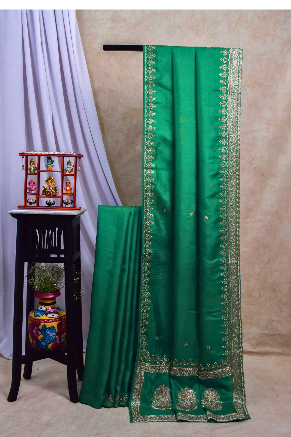 HAND ZARDOSI GREEN COLOUR TUSSAR SILK SAREE WITH 1 M BLOUSE PIECE