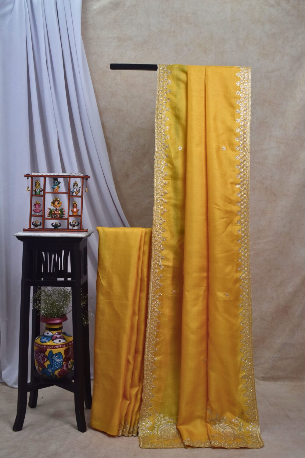HAND ZARDOSI YELLOW COLOUR TUSSAR SILK SAREE WITH 1 M BLOUSE PIECE