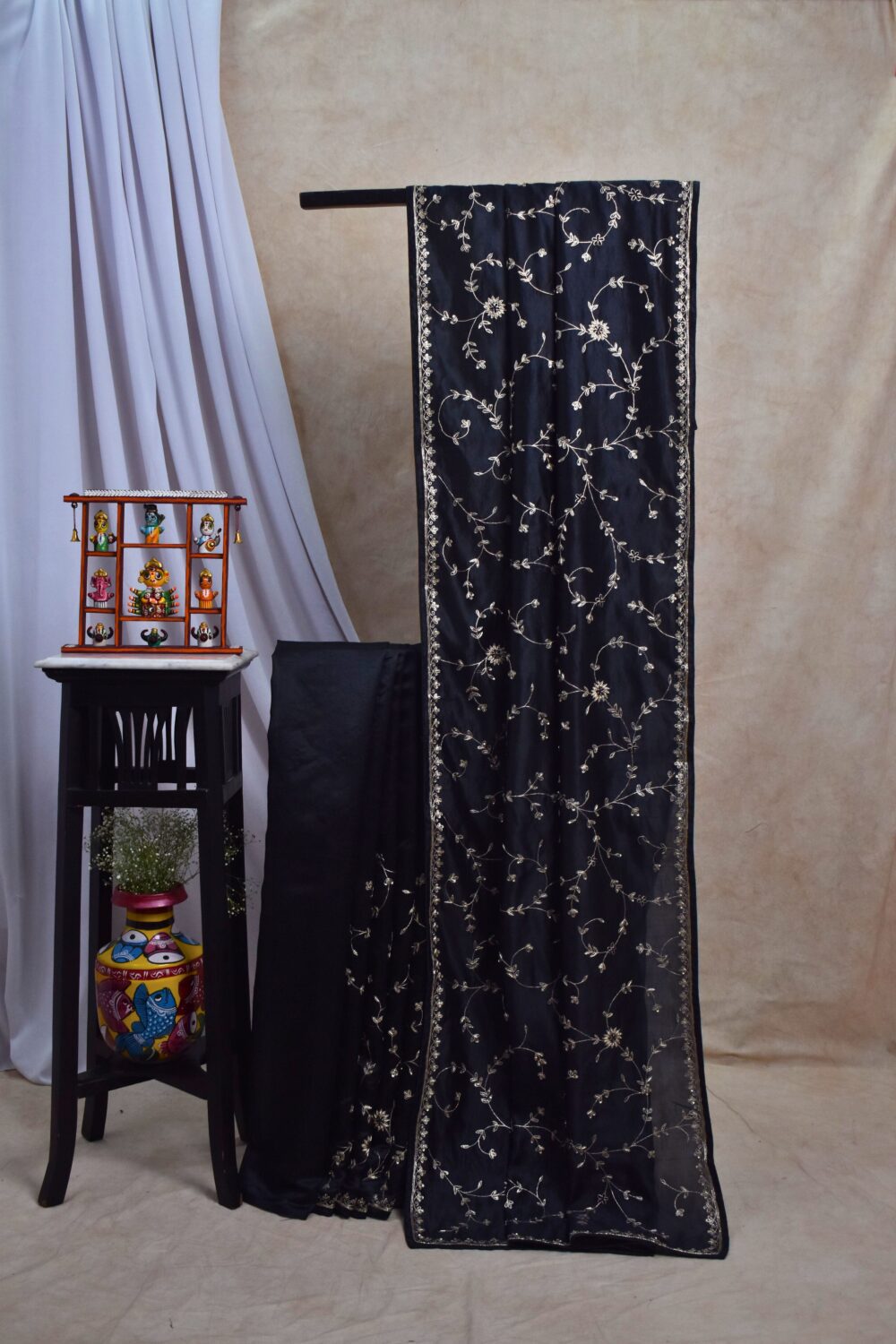 HAND ZARDOSI BLACK COLOUR TUSSAR SILK SAREE WITH 88 CM BLOUSE PIECE